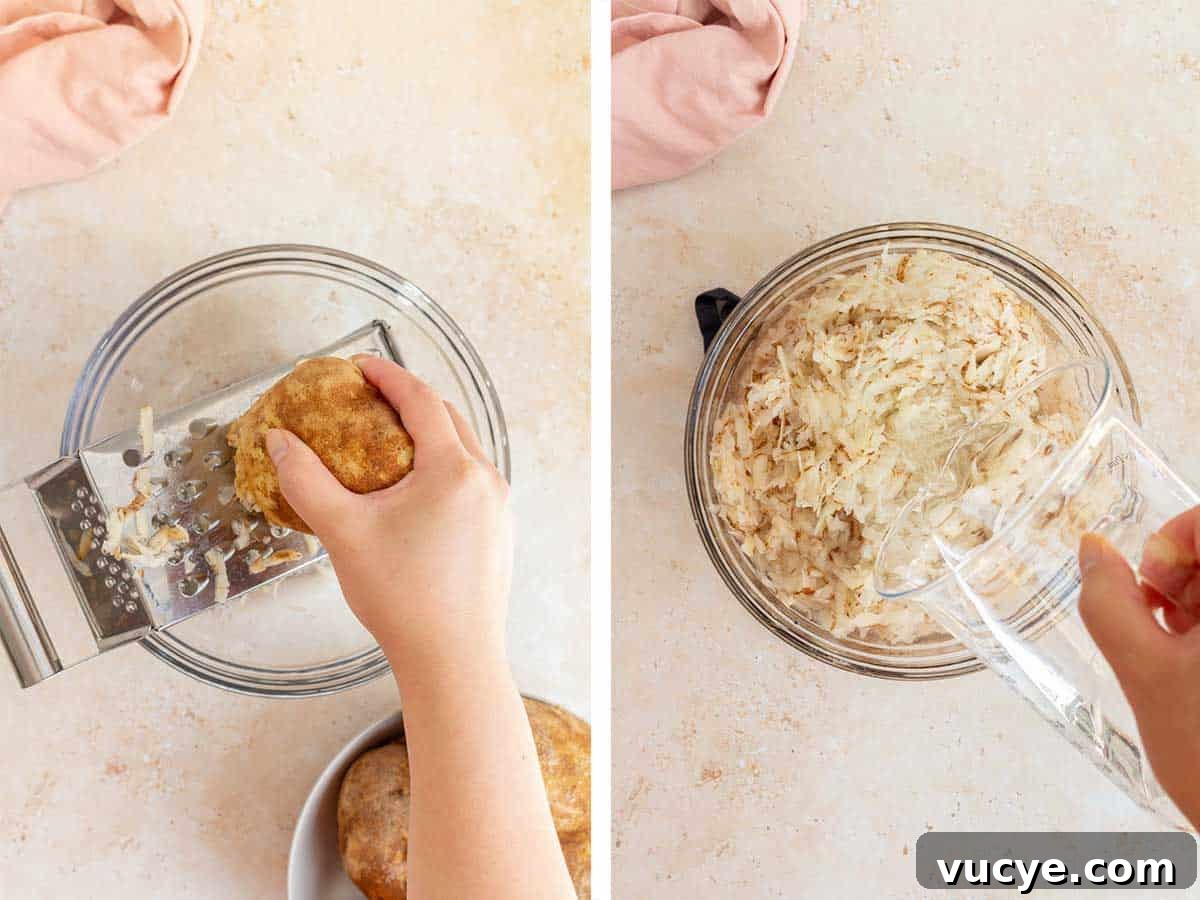 Set of two photos showing a potato being grated and soaked in water.