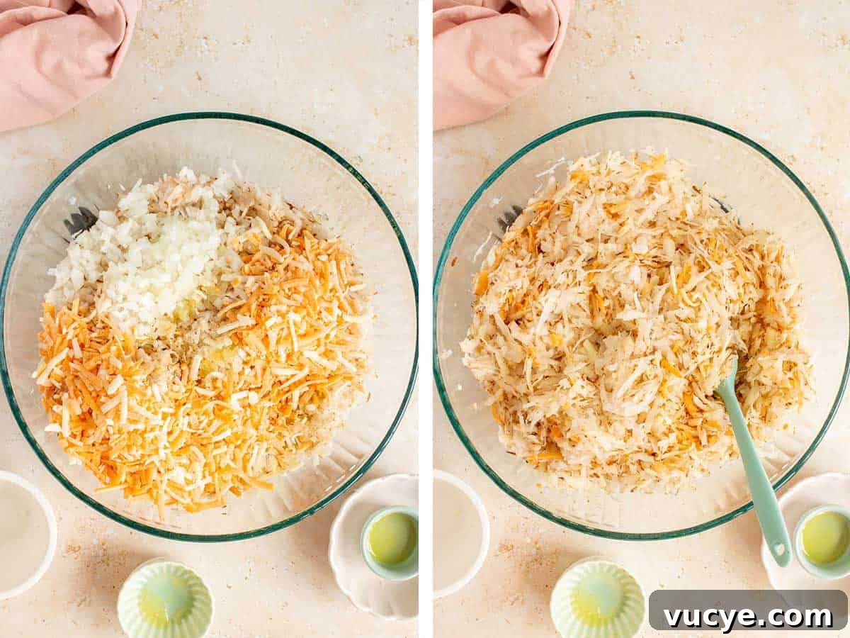 set of two photos showing ingredients mixed together in a large bowl.