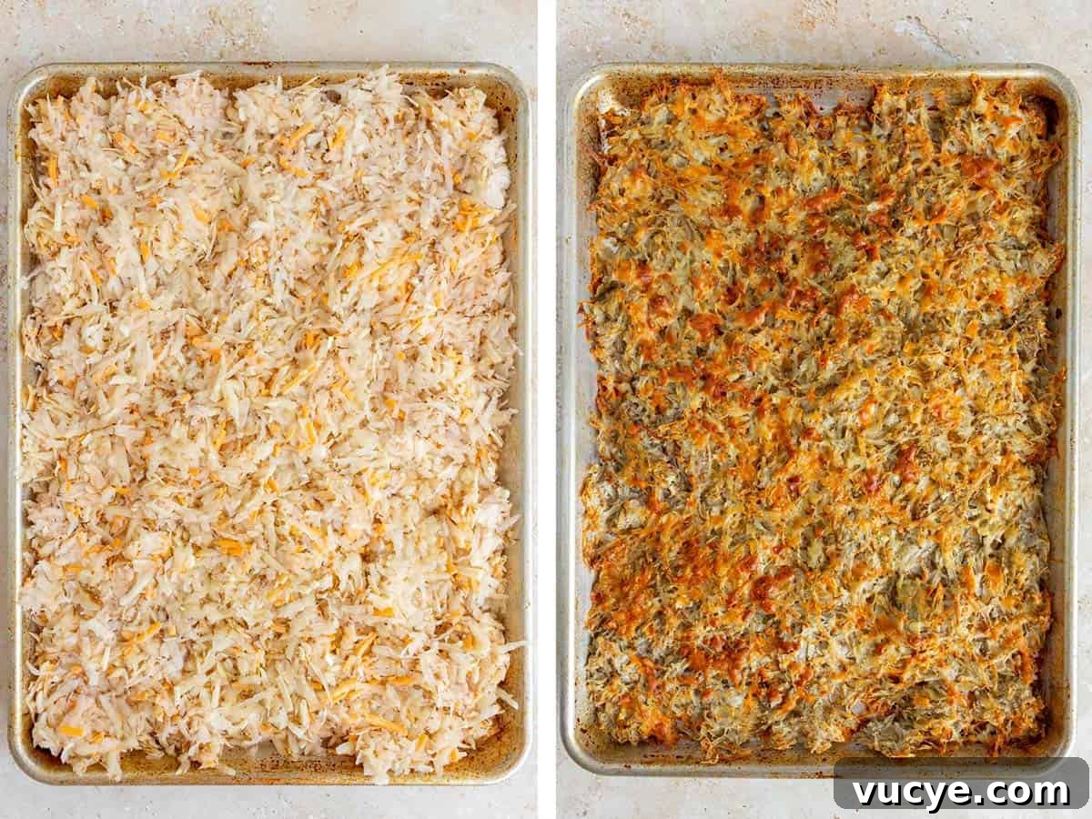 Set of two photos showing before and after sheet pan hash browns baked.
