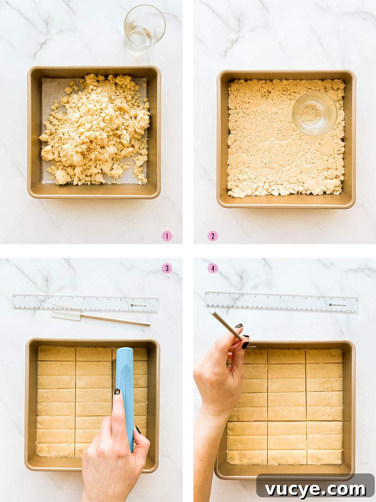 Collage of four images to show steps to make shortbread in a square baking pan.