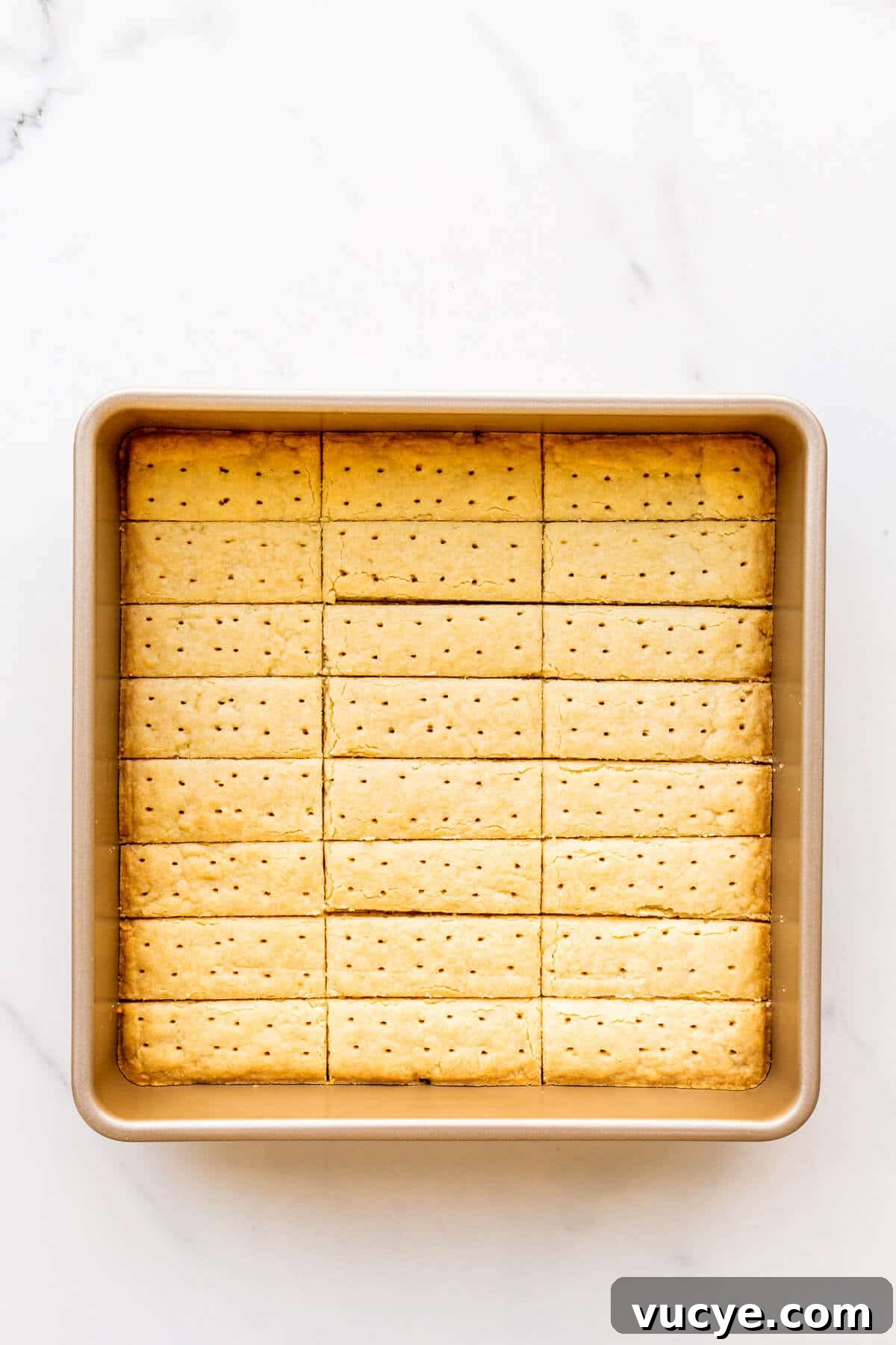 Freshly baked shortbread cookies in a square baking pan, cut into sticks and ready to unmould.