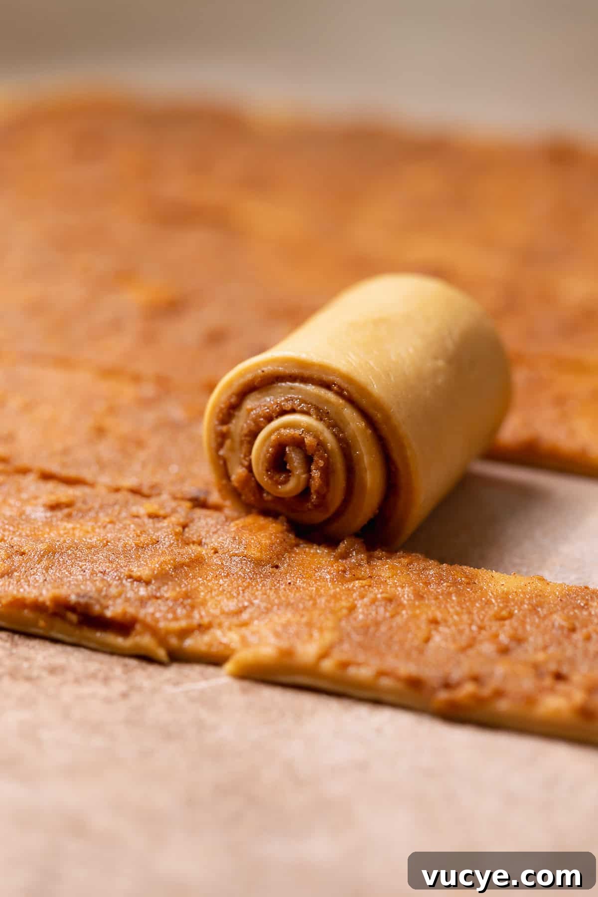 Ultra-Soft Gingerbread Cinnamon Rolls with Molasses Swirl 6 A strip of cinnamon roll dough being rolled up.