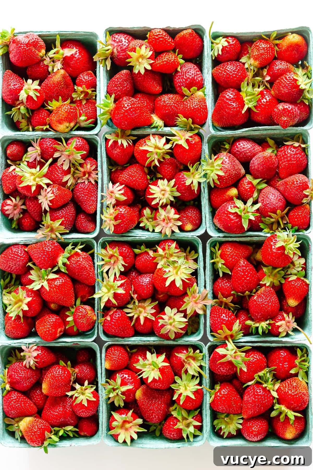 Must-Try Strawberry Recipes for Every Season 3 Overhead photo of twelve boxes of fresh strawberries.