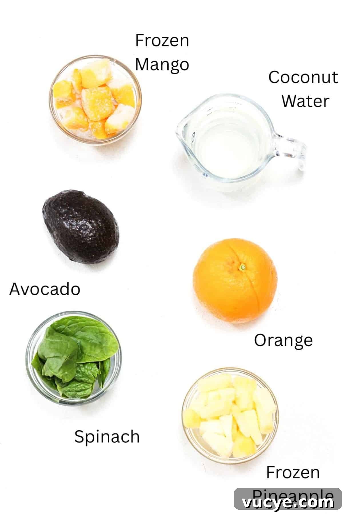 Island Green Tropical Smoothie Recipe — Refreshing Pineapple & Kale Blend 3 Island Green Tropical Smoothie ingredients, labeled.