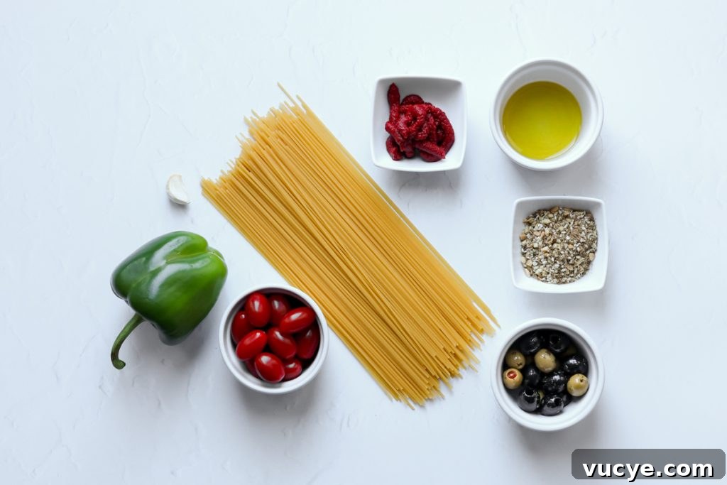 Ingredients for olive and dukkah pasta