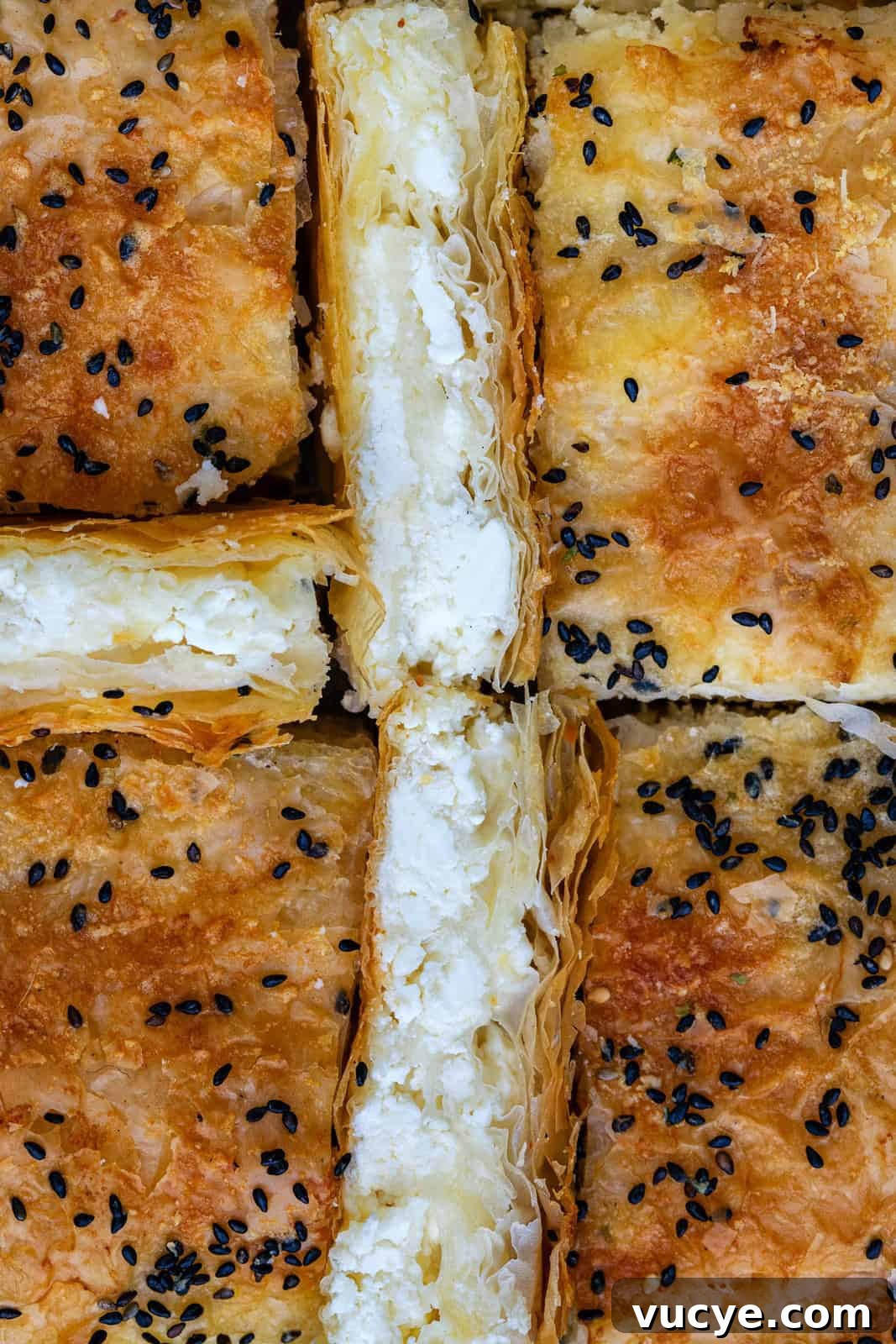 Tiropita: Authentic Greek Cheese Pie Recipe You Can Make at Home 6 Close-up of golden, flaky Tiropita squares—crisp phyllo pastry filled with creamy white cheese, topped with sesame seeds.