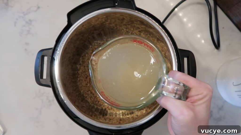 Instant Pot Ginger Scallion Chicken and Rice Bowl 4 Broth being added to Instant Pot