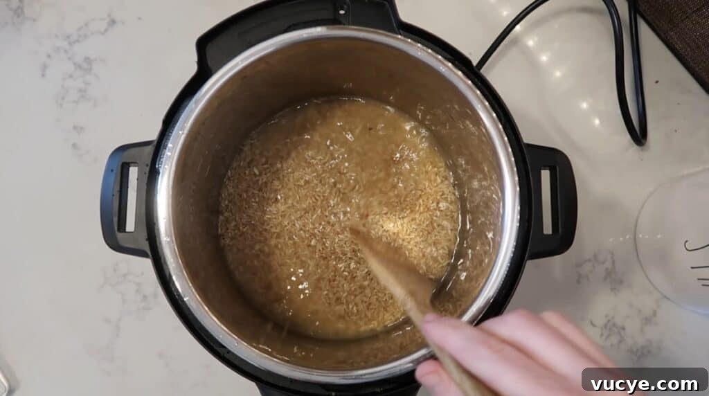 Instant Pot Ginger Scallion Chicken and Rice Bowl 5 Stirring rice with liquid