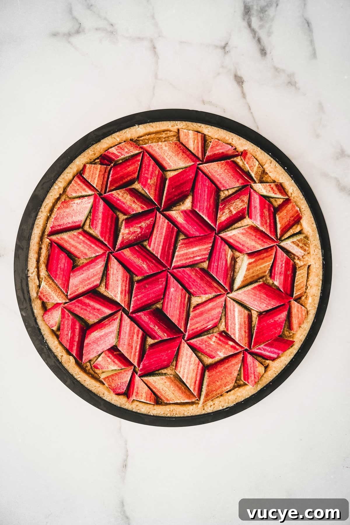 geometric rhubarb tart before baking