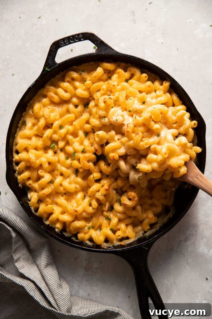 baked mac and cheese in a skillet