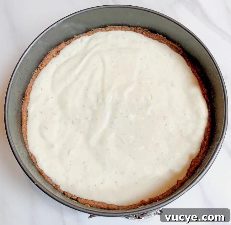 lavender cheesecake in springform pan before baking.