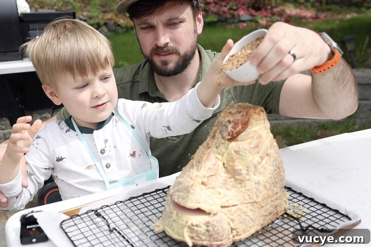 Double-Smoked Ham Techniques for Rich, Smoky Flavor 6 Seasoning the mustard coated spiral cut ham.