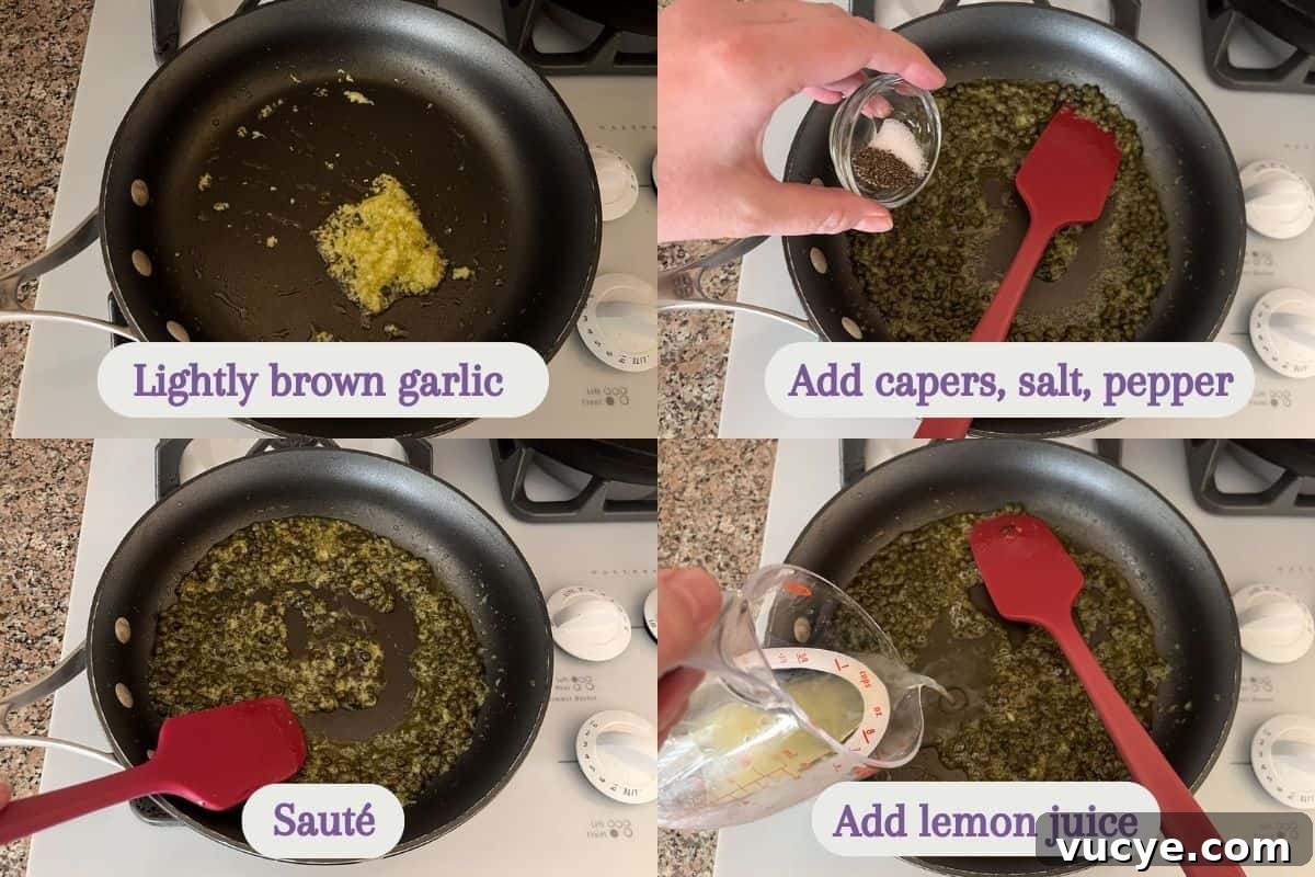 Zesty Lemon Caper Pasta with Garlic and Parmesan 5 Collage of four images: grated garlic in oil in a skillet, same skillet with capers and seasonings added, the same skillet cooking the mixture, and the last photo adding lemon juice.