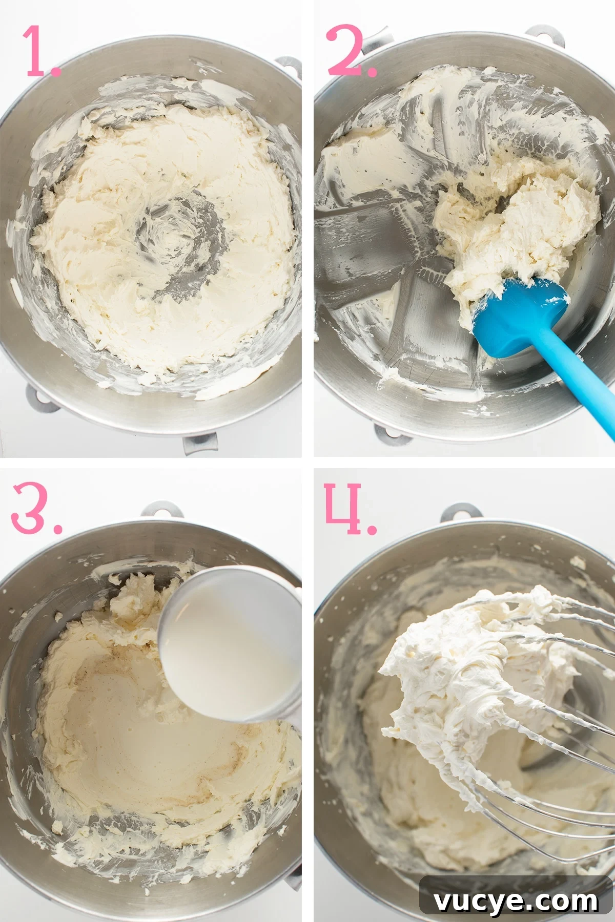 Low-Carb Carrot Cake Muffins with Cream Cheese Frosting 6 A four panel image showing the stages of making low carb cream cheese frosting