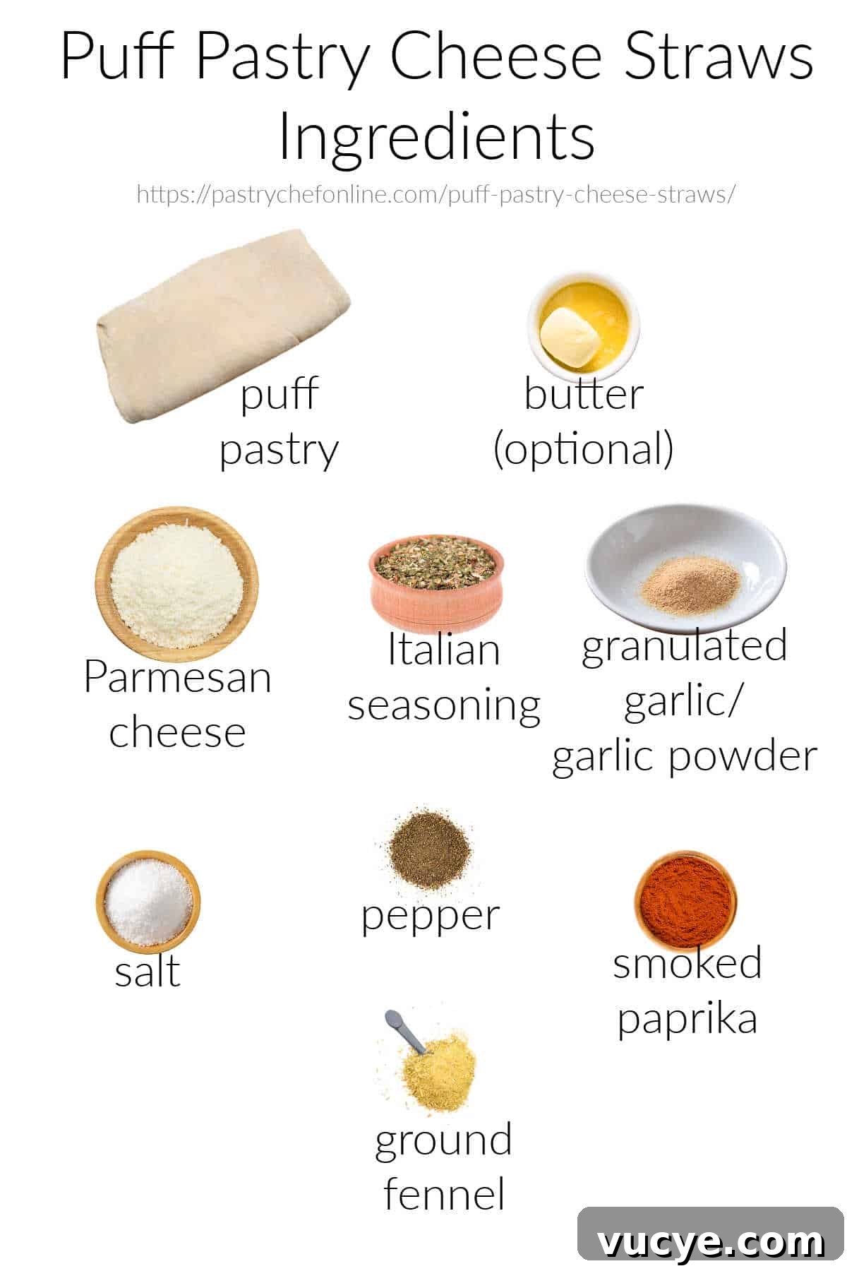 Crispy Puff Pastry Cheese Straws Recipe 3 Images of all the ingredients needed to make cheese straws with puff pastry, labeled and on a white background.