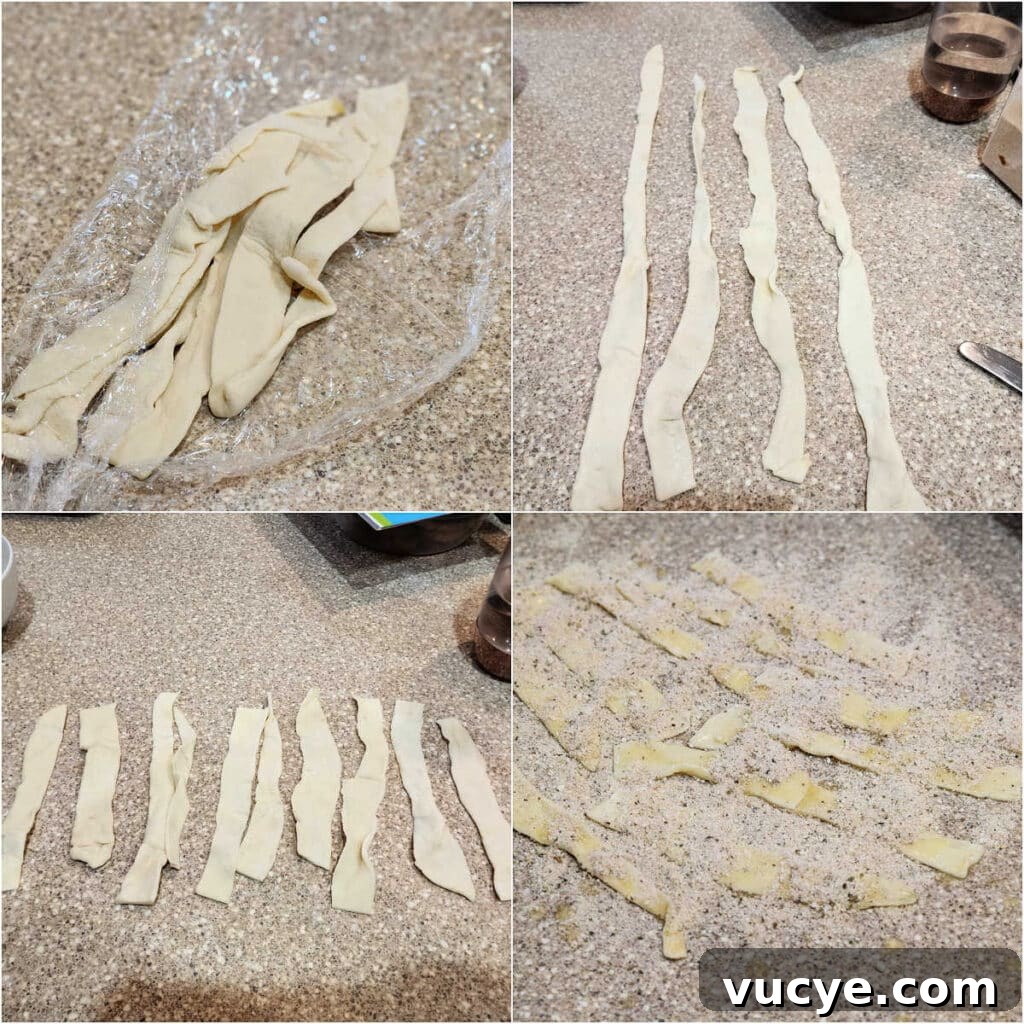 Crispy Puff Pastry Cheese Straws Recipe 5 A collage of four images showing scraps of puff pastry, the scraps all laid out on a counter, the strips cut into 6" pieces, and last, the strips covered with a spice-and-Parmesan cheese mixture.