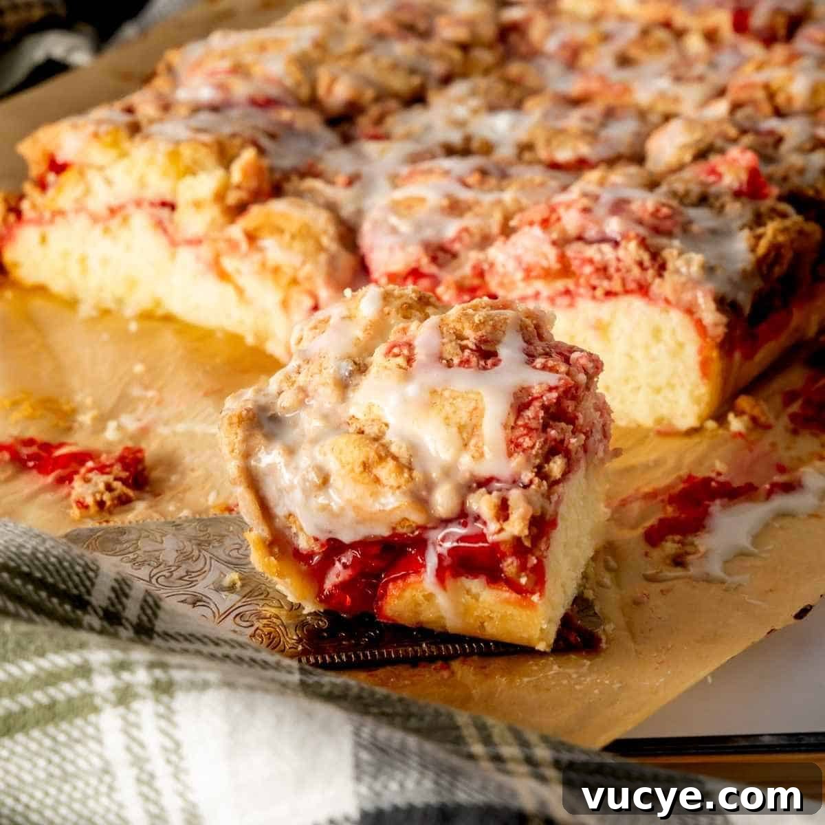 Up close shot of a slice of Cherry Coffee Cake with crumb topping.