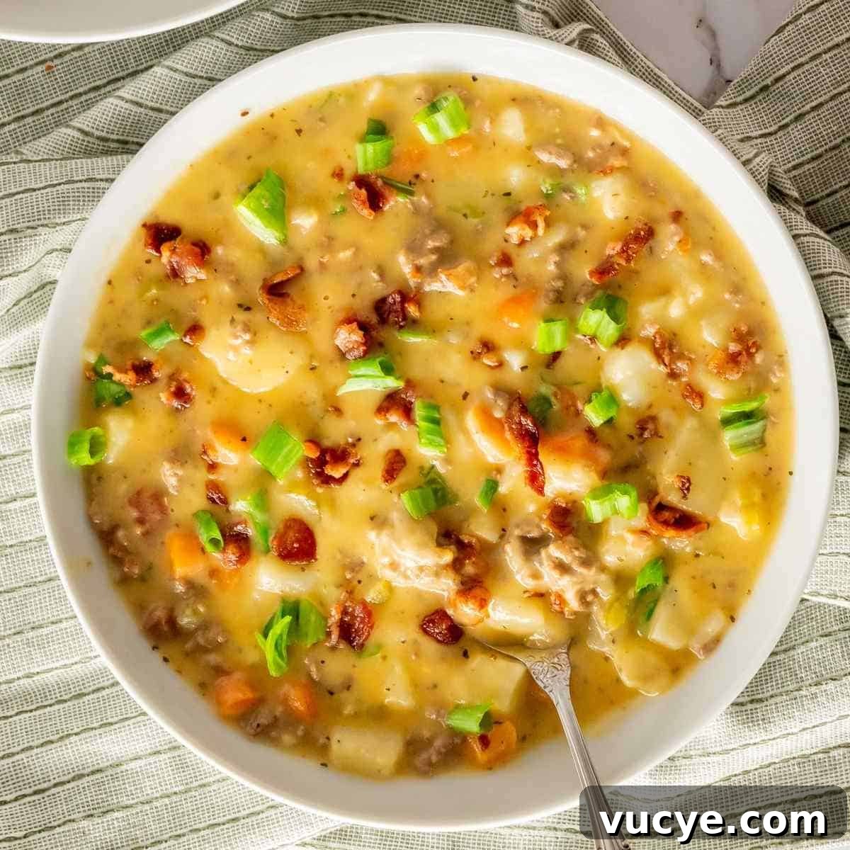 Close up for a bowl of bacon cheeseburger soup made in the crock pot.