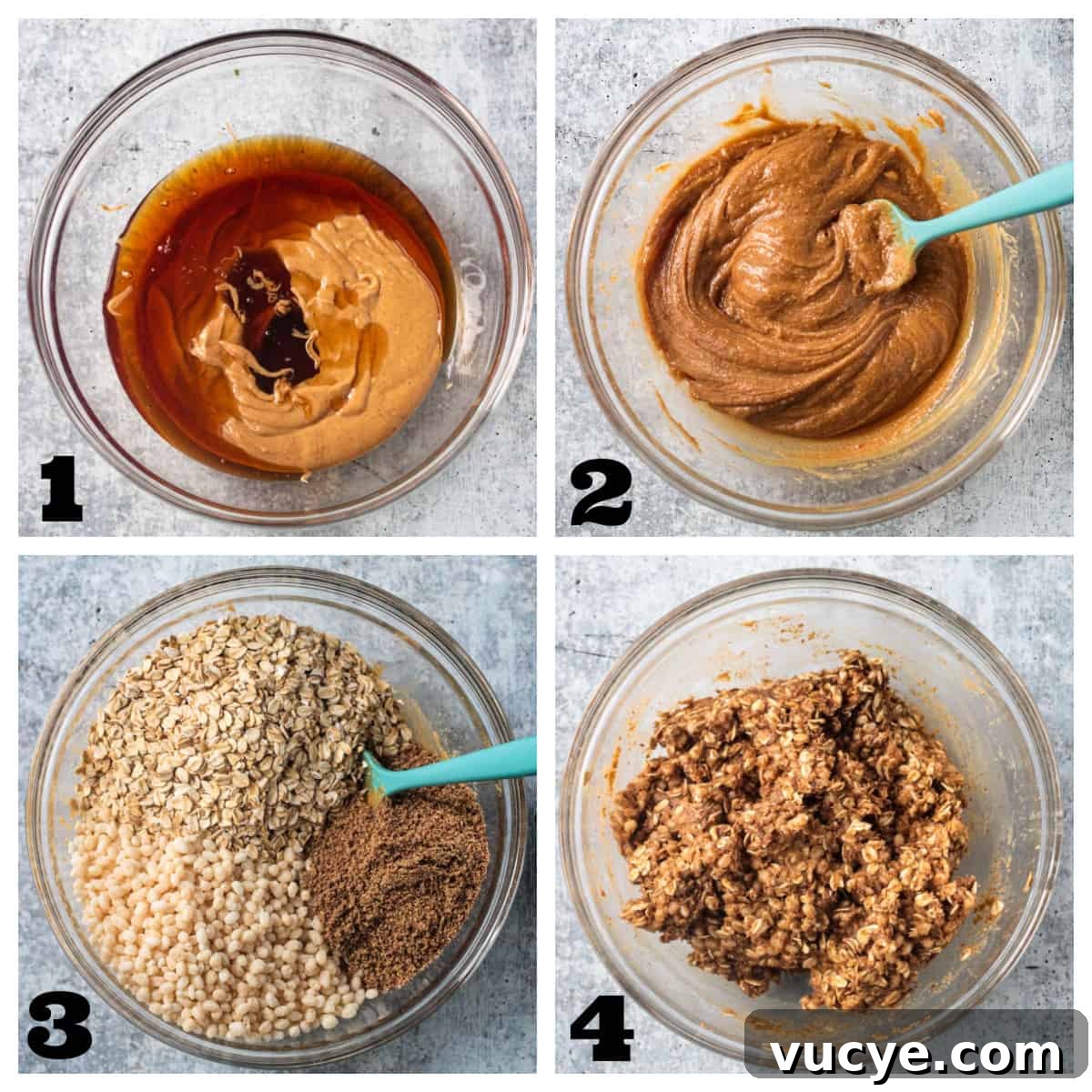 No-Bake Peanut Butter Oat Bars — Chewy, Gluten-Free Snack 4 4 photo collage of mixing the dry and wet ingredients into a batter.