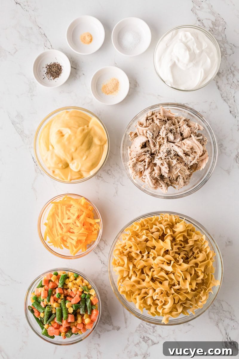 Creamy Chicken Noodle Casserole with Crispy Topping 3 ingredients for the Chicken Noodle Casserole.
