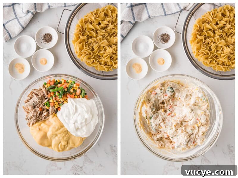 Creamy Chicken Noodle Casserole with Crispy Topping 6 mixing together the soup, sour cream, veggies and chicken.