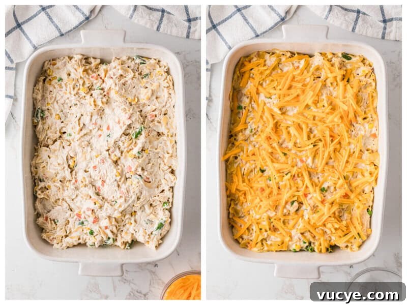 Creamy Chicken Noodle Casserole with Crispy Topping 7 casserole spread in the casserole dish and topped with cheese.