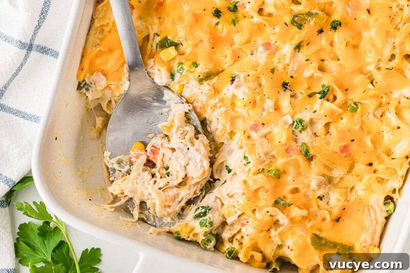 Creamy Chicken Noodle Casserole with Crispy Topping 9 top-down view serving the Chicken Noodle Casserole out of the baking dish.