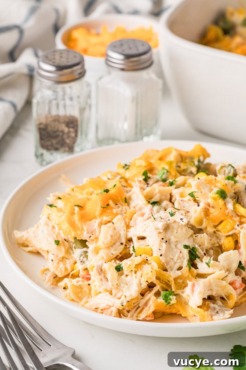 Creamy Chicken Noodle Casserole with Crispy Topping 10 the Chicken Noodle Casserole served on a white plate.