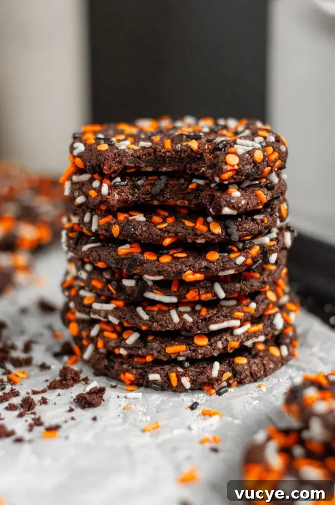 Dark black chocolate cookies covered in halloween inspired sprinkles.