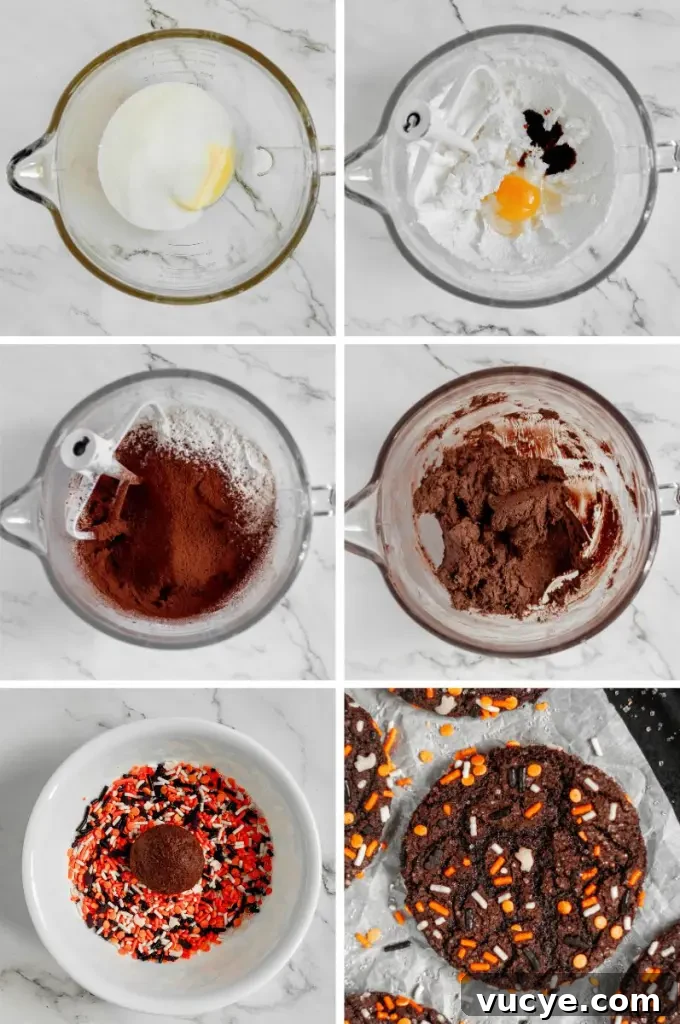 Dark black chocolate cookies covered in halloween inspired sprinkles.