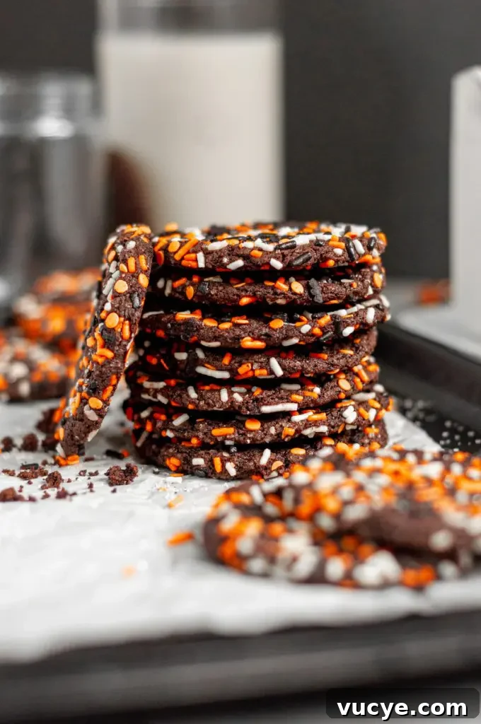 Dark black chocolate cookies covered in halloween inspired sprinkles.