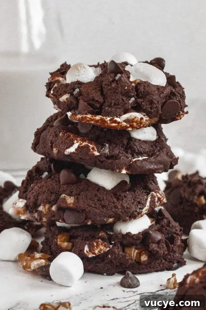 Rich brown rocky road cookies full of white mini marshmallows, dark chocolate chips, and light brown nuts.