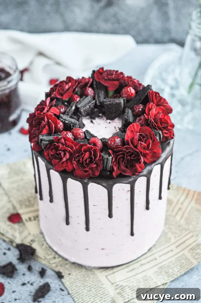 A pink frosted cake with chocolate layers and topped with dark chocolate oreos, raspberries, and bright red flowers.