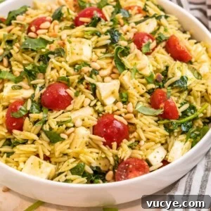 Top Rotisserie Chicken Recipes You’ll Want to Try 16 Pesto orzo salad in white bowl topped with freshly chopped basil and toasted pine nuts.