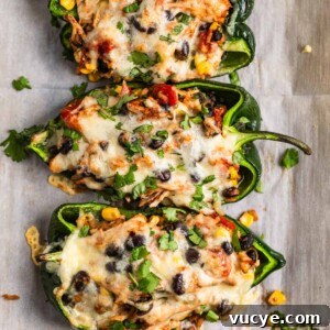 Top Rotisserie Chicken Recipes You’ll Want to Try 3 Chicken stuffed poblano peppers on parchment topped with cheese and cilantro.