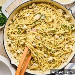 Top Rotisserie Chicken Recipes You’ll Want to Try 6 Pot with chicken Alfredo topped with parsley.