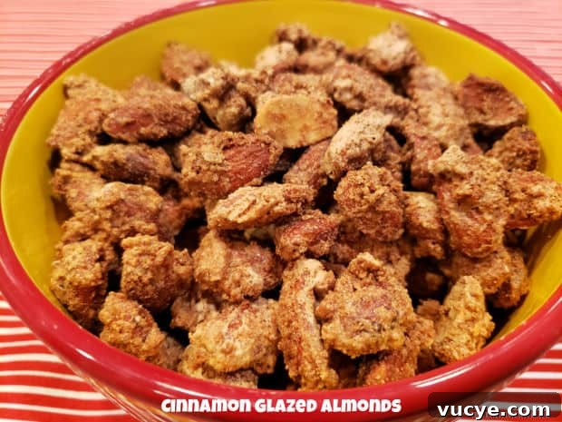 Cinnamon Glazed Almonds Make a batch of cinnamon glazed almonds for a fantastic, crunchy snack. Almonds are coated and baked in a buttery cinnamon sugar glaze!