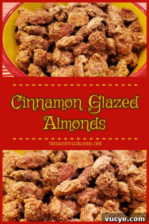 Cinnamon Glazed Almonds Make a batch of cinnamon glazed almonds for a fantastic, crunchy snack. Almonds are coated and baked in a buttery cinnamon sugar glaze!