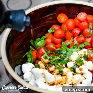 Caprese Salad: Fresh Tomato, Mozzarella & Basil Recipe 19 Tomatoes, fresh mozzarella, and basil in a bowl with balsamic vinegar drizzled over the top.