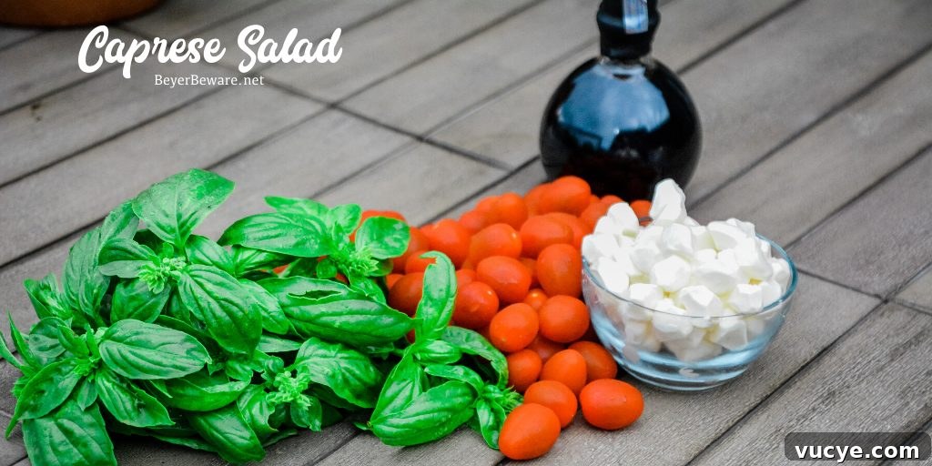 Caprese Salad: Fresh Tomato, Mozzarella & Basil Recipe 4 Caprese Salad Ingredients of fresh mozzarella cheese, tomatoes, basil, and balsamic vinegar