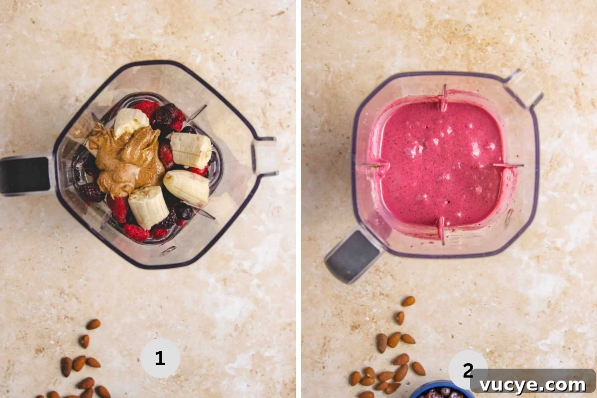 Adding the ingredients for the smoothie into the blender, and blending it until it's smooth.