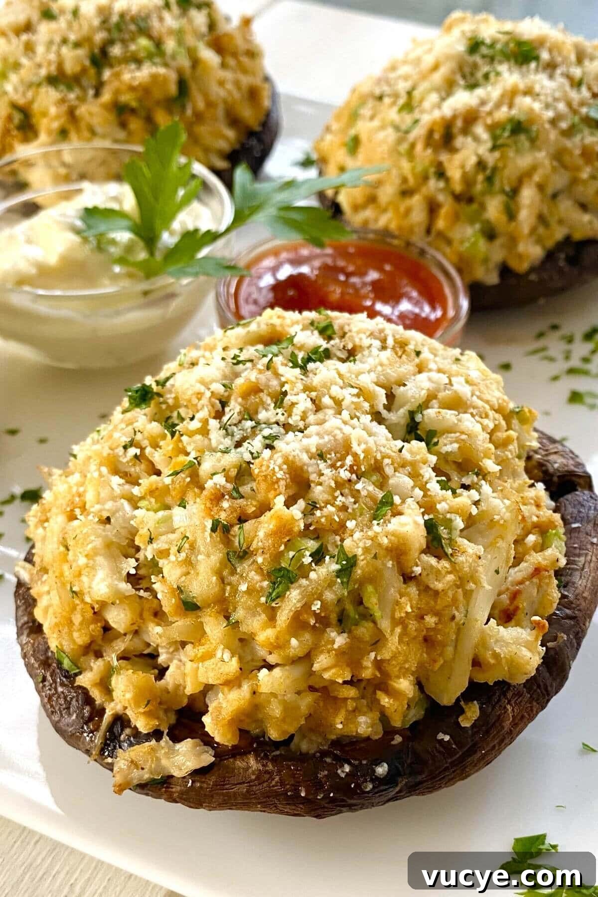 Crab-Stuffed Portobello Mushrooms with Garlic Herb Filling 2 baked crab cake stuffed portobello mushroom on with tartar and cocktail sauces.
