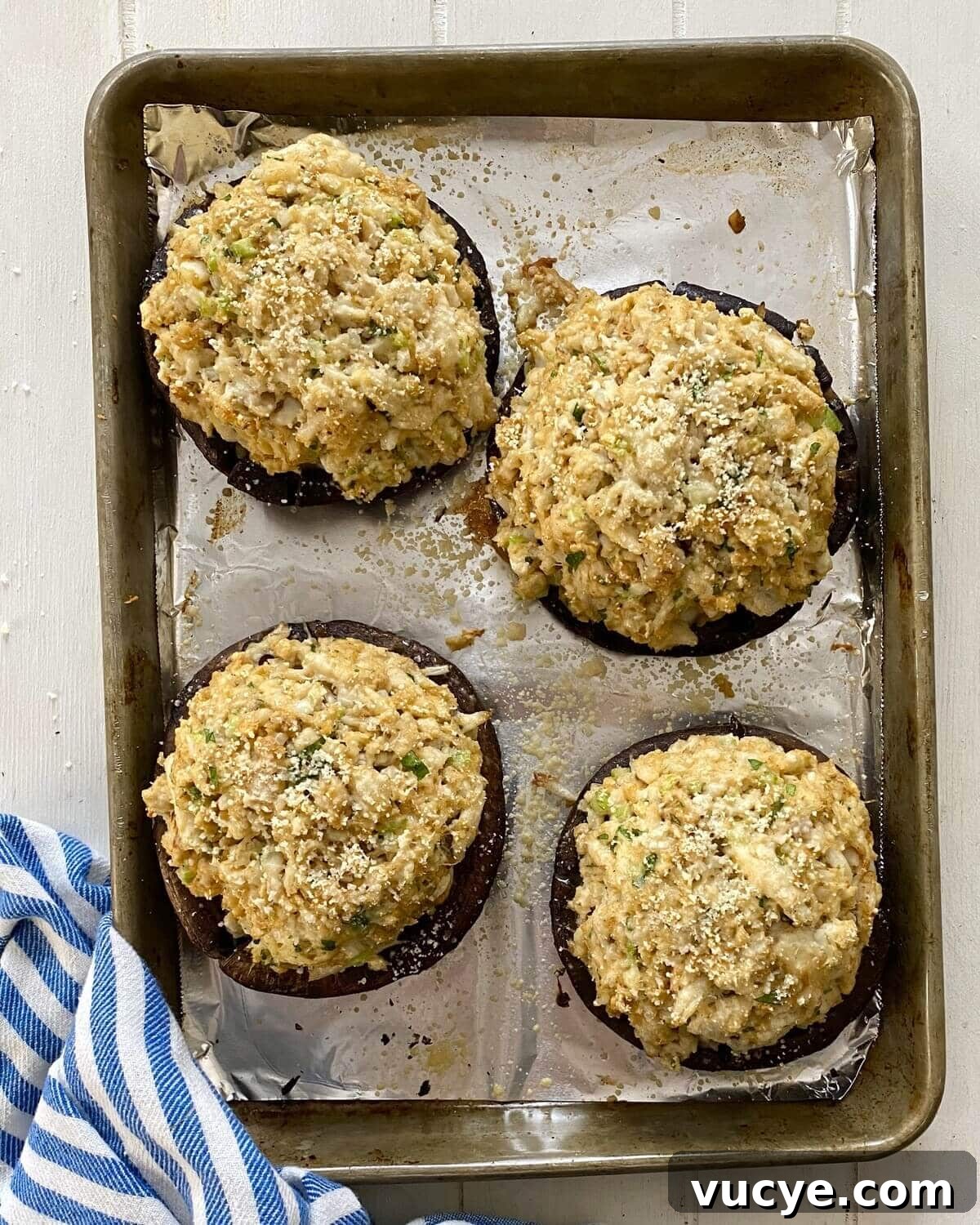 Crab-Stuffed Portobello Mushrooms with Garlic Herb Filling 11 baked crab cake stuffed portobello mushrooms.