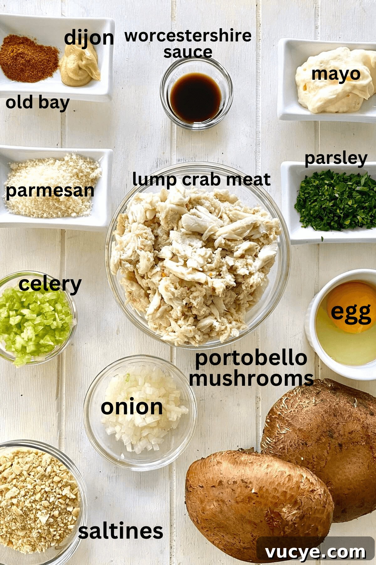 Crab-Stuffed Portobello Mushrooms with Garlic Herb Filling 4 lump crab, parmesan, old bay, dijon, egg, portobello mushrooms, onion, celery, saltine crackers.
