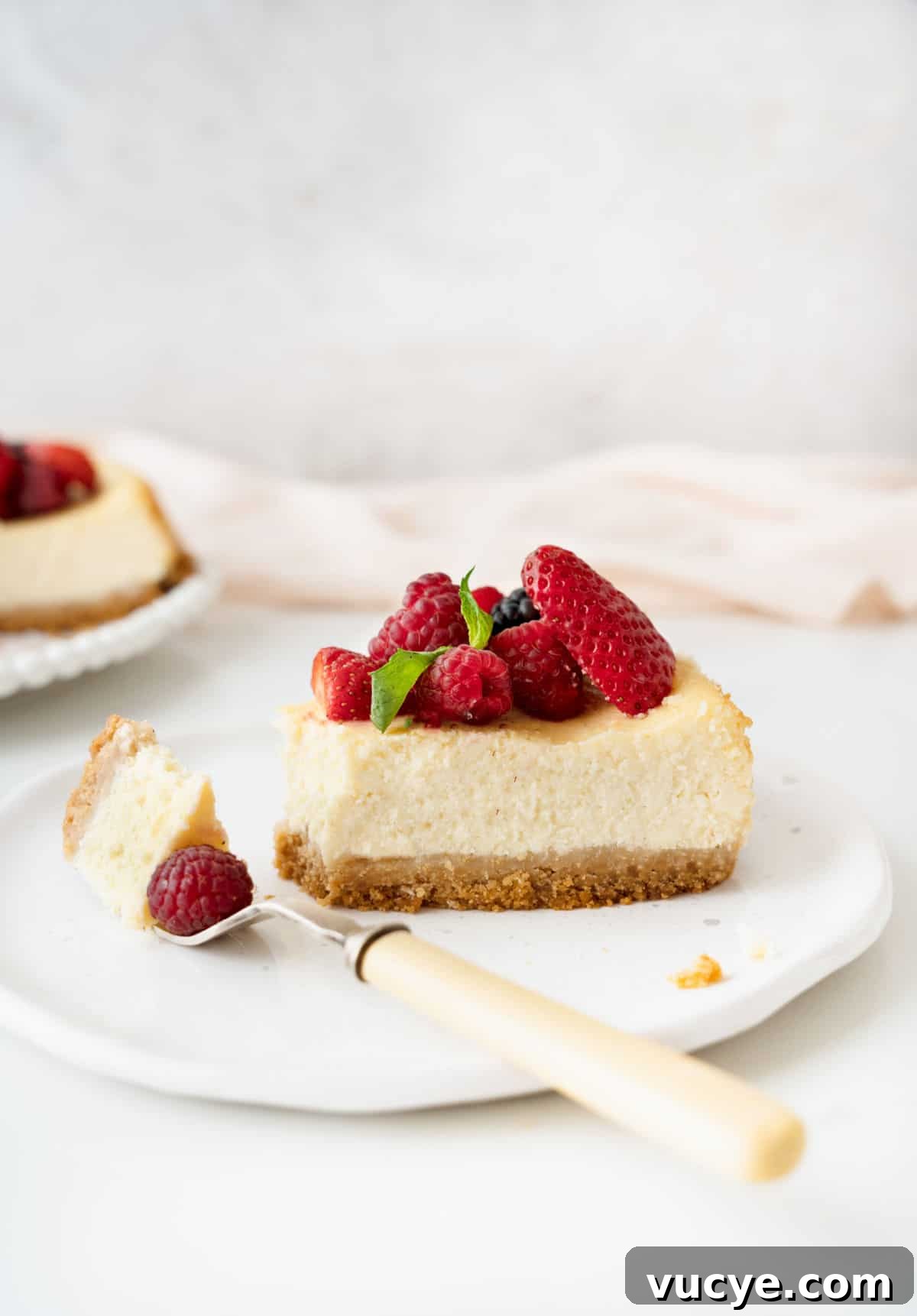 Silky Ricotta Cheesecake Recipe for a Light, Creamy Dessert 3 Slice of ricotta berry cheesecake on a white plate with bite in a fork. Light grey, pink, and white surface and background.
