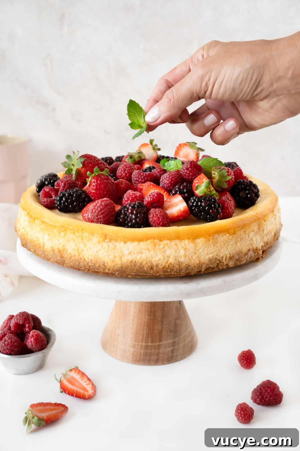 Silky Ricotta Cheesecake Recipe for a Light, Creamy Dessert 10 Hand placing a mint sprig on fresh berries piled atop a ricotta cheesecake on a cake stand. White surface and grey background.