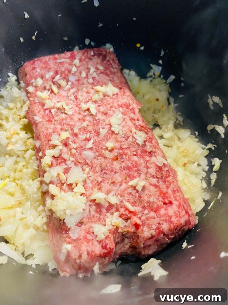 Creamy Italian Sausage and Kale Soup Recipe 4 Adding Italian sausage and garlic to the pot