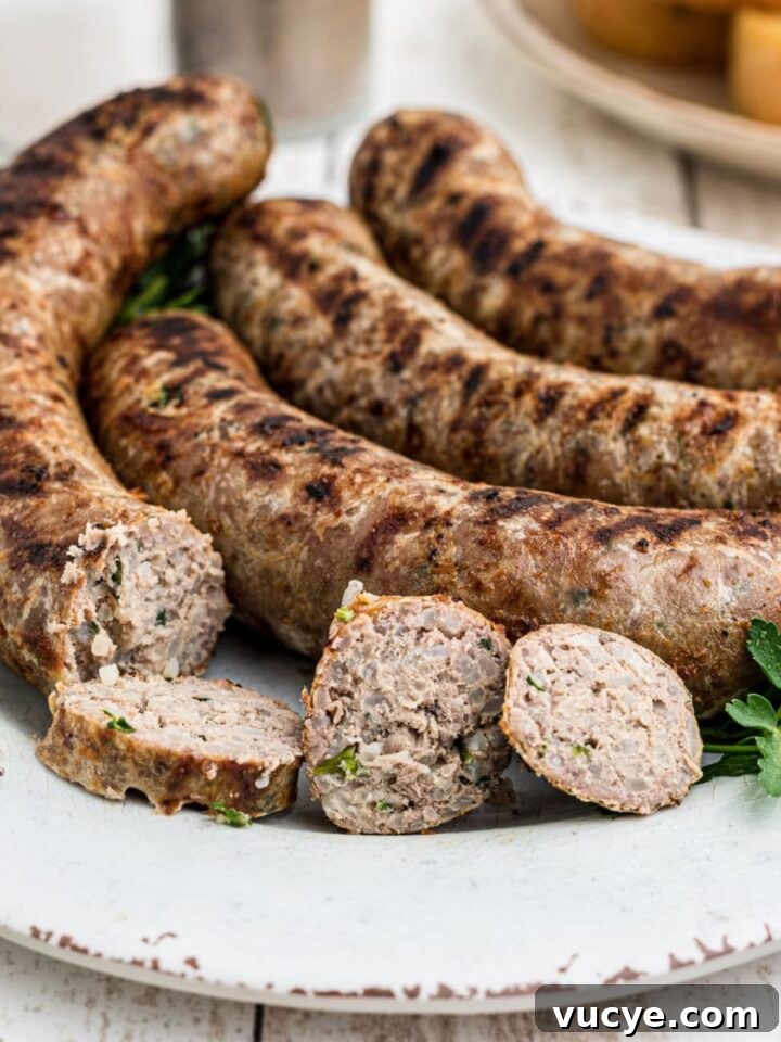 close up of a plate of homemade boudin sausage with a few slices taken from one of the links