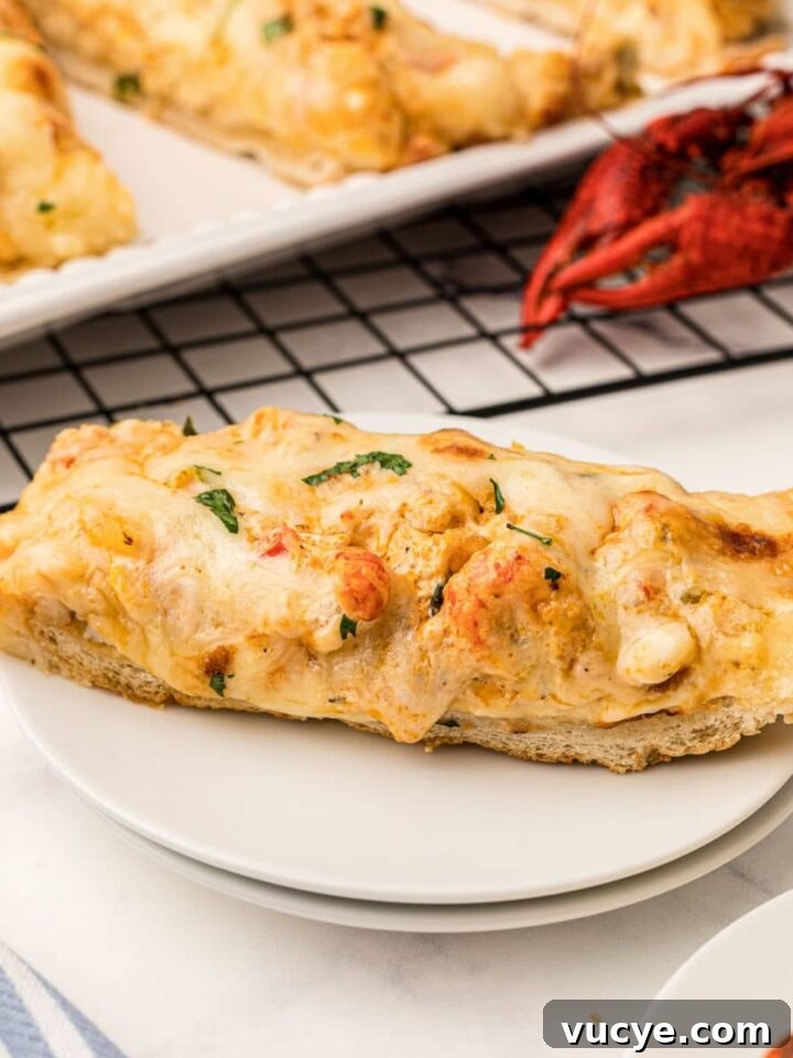 a slice of crawfish bread on a plate with a cooked crawfish behind