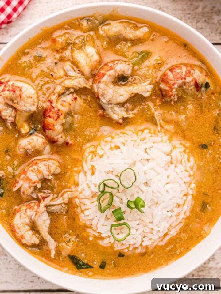 Bowl of crawfish etouffee with rice scoop in the middle.